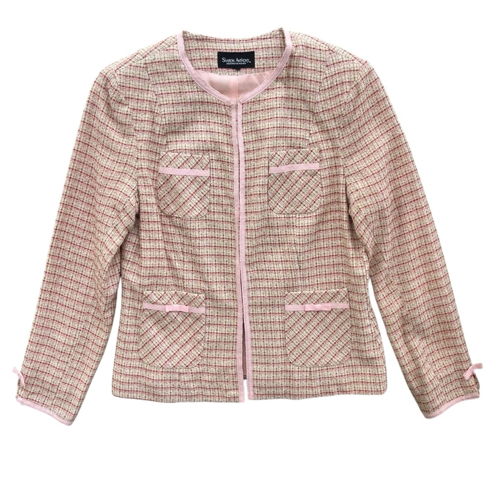 Sharon Anthony Women’s 8 Pet Baby Pink Tan Tweed Ribbon Bow Blazer Jacket Preppy